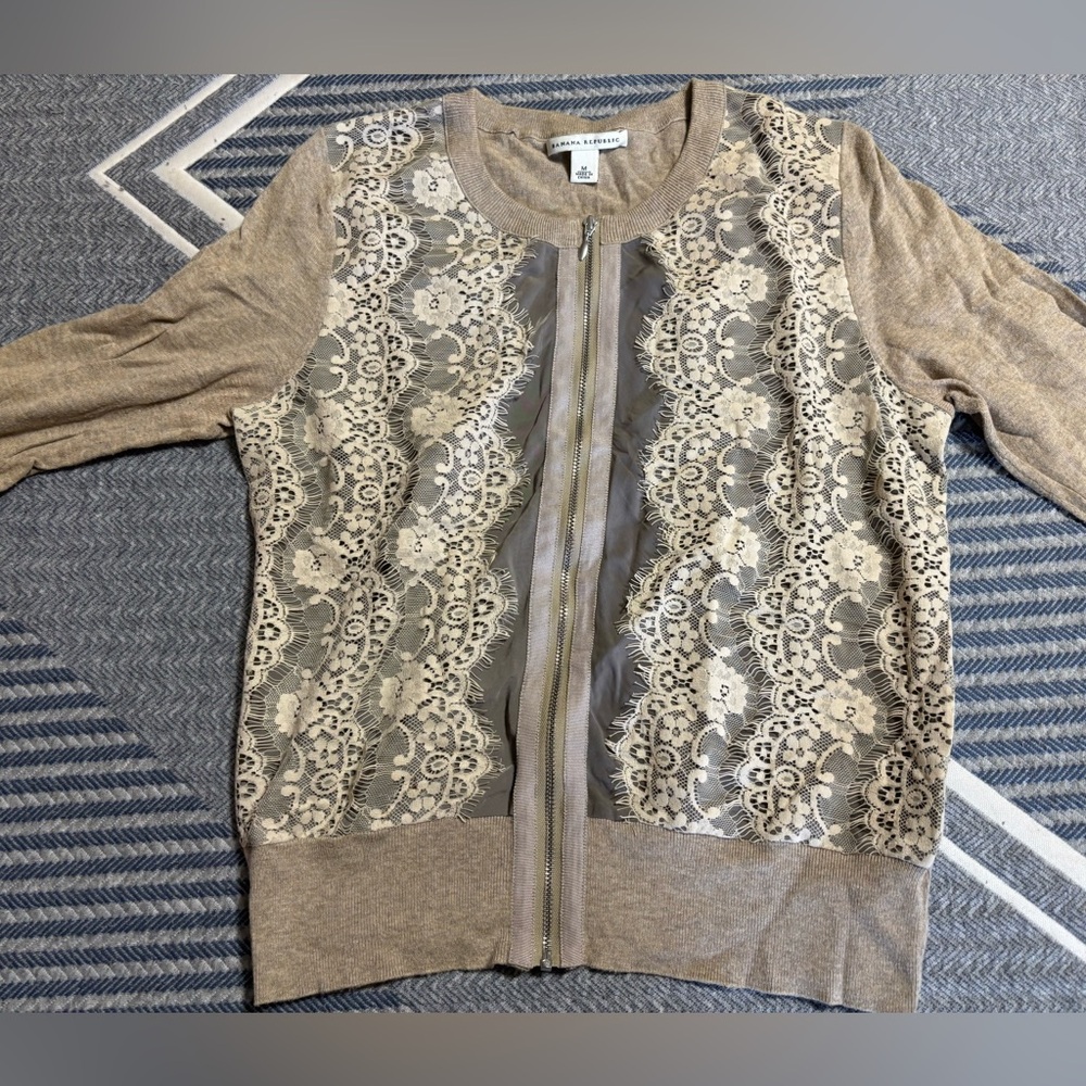 Beige/Tan Lace Zipper Cardigan